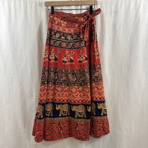 Funky People Red Colorful Elephant Maxi Wrap Skirt Womens O/S Boho Indie
